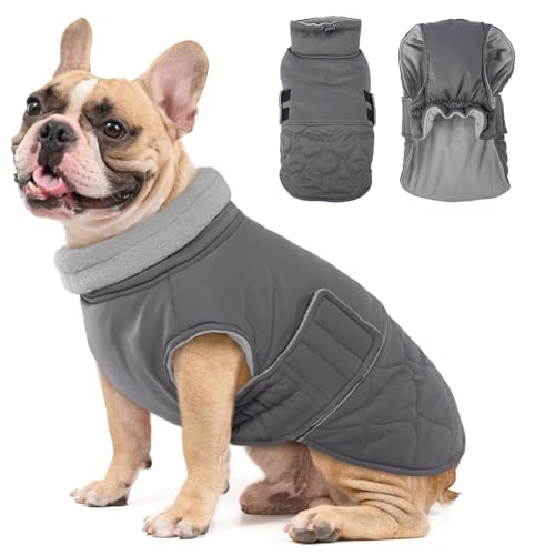 Hjumarayan Hundemantel Französische Bulldogge, Wattierend Jacke Warme Mantel Hund Geschirröffnung, Wintermantel Gefüttert für Französische Bulldogge, Mops, Westie (Grau M)
