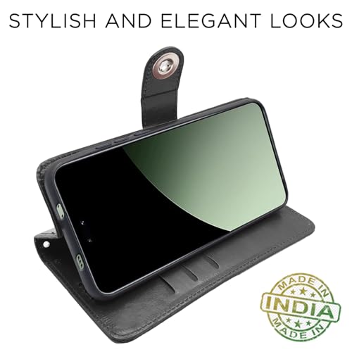 Image of Pikkme Flip Cover Leather Finish | Inside TPU with Card Pockets | Wallet Stand and Shock Proof | Complete Protection Button Flip Case for Xiaomi Civi 4 Pro 5G / Xiaomi 14 Civi 5G (Black)