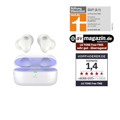 LG Tone Free T90S In-Ear Bluetooth Kopfh&ouml;rer mit Dolby Atmos-Sound, Meridian-Technologie, ANC (Active Noise Cancellation), UVnano & IPX4-Spritzwasserschutz - Wei&szlig;