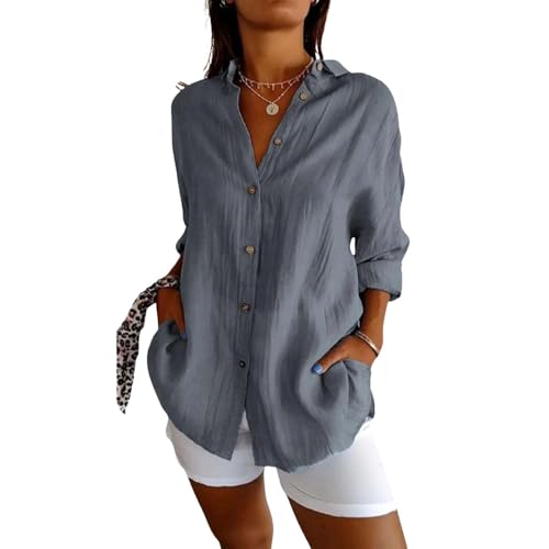 Women's Linen Shirt Summer Button Down 3/4 Sleeves Blouse Casual Loose Fit V Neck Tops Solid Tunic