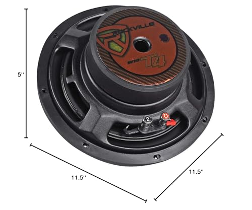 Rockville W10T4-S2 10" Shallow Mount Car Subwoofer, 1200W Peak/600W Program/300W RMS CEA Rated, 2-Ohm, 3.39" Mounting Depth, Compact Design for Car Audio