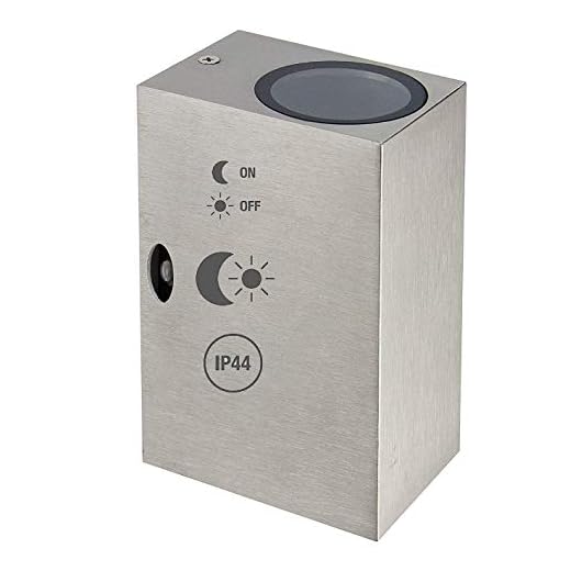 Trango modern IP44 aluminium upp och ner lampa, väggspotlight i fyrkantigt rostfritt stål look med skymningsljussensor (dag och natt automatisk omkopplare) TG8014-SSS utomhus vägglampa lämplig för 2 X GU10 LED varje