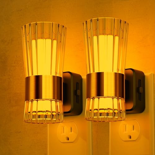 Image of Briignite LED Amber Night Light Night, Lights Plug into Wall, Dusk to Dawn | Auto Light Sensor, 0-100LM Adjustable Brightness, Wall Sconce Style Design for Bedroom Hallway, 2 Pack