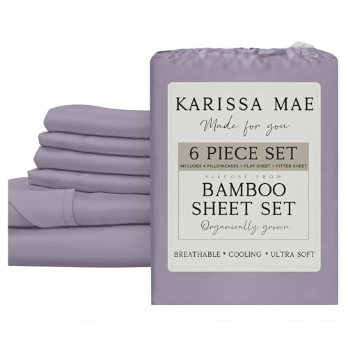 Image of KARISSA MAE 6 Piece Luxury Bamboo Viscose Queen Sheet Set, 4 Pillowcases | FSC Certified | Cooling | Ultra Soft | 18 inch Deep Pockets | Elastic Corner Straps | Includes Organizer Band [Plum]
