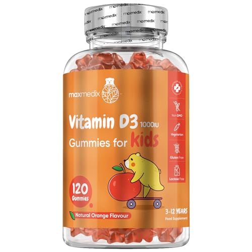 Vitamin D Gummies Kids 1000IU - Natural Orange Flavour Gummies - 4 Months Supply (120 Vitamin D3 Gummies) - One A Day - for Kids 3-12 Years - Vegetarian, Non-GMO & Gluten-Free Vitamin D for Kids