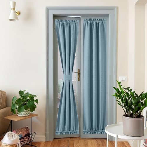 NICETOWN French Door Blackout Curtain for Kitchen Thermal Insulated Faux Linen Drapes Temporary Window Treatment Covering for Glass Door Rod Pocket wi