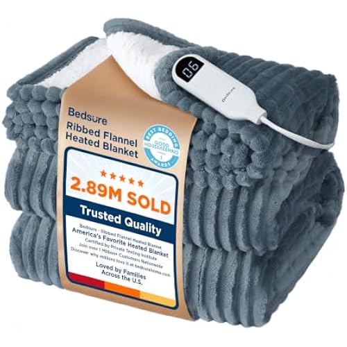 Bedsure GentleSoft Electric Blanket Twin - Soft Ribbed Flannel Heated Blanket, Heating with 6 Time Settings (Up to 10H), 6 Heat Settings & 8Hr Timer Auto Off, Gifts for Grandma (62x84 inches, Grey)