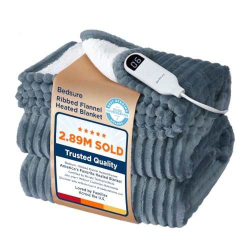 Bedsure GentleSoft Heated Blanket Throw - Soft Ribbed Flannel Electric Blanket, Gifts for Grandma (50x60 inches, Grey)