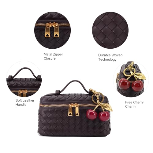 Image of Small Woven Box Crossbody Bags for Women Designer Leather Mini Top Handle Clutch Purse Square Vanity Bag with Cherry Charm