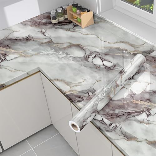 Image of VOLITO Self Adhesive Marble Wallpaper Kitchen Wallpaper Oil Proof & Waterproof Wallpaper for Cabinet Makeover, Almirah, Plastic & Tabletop, Wardrobe (60x200cm) (V-New White Brown)