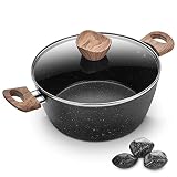 Olla de 24 cm con tapa de vidrio endurecido, olla antiadherente con asas dobles a prueba de calor, revestimiento antiarañazos de 6 capas, sin PFOA (negro)