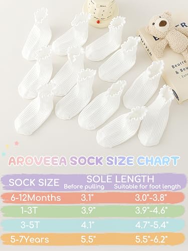 Aroveea Toddler Girls Socks 12 Pack Grip Non Slip Ruffle Frilly Cotton Socks for Toddlers Baby Girls Kids Cute 6M-7Years
