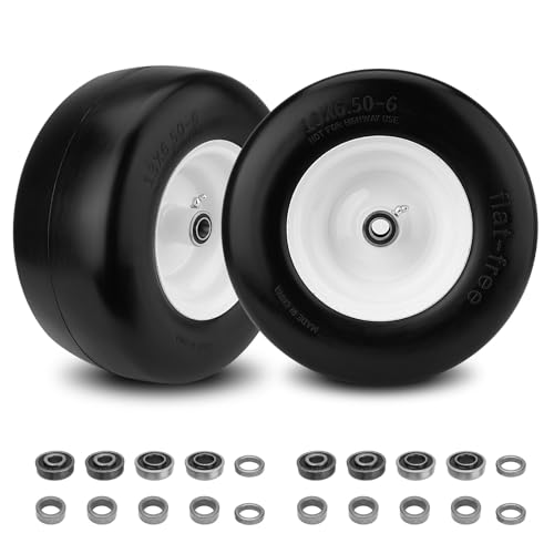 2PCS 13x6.50-6 Flat Free Tire and Wheel with 1/2" & 3/4" & 5/8" Precision Bearings and 4"-6.3" Centered Hub