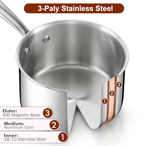 Image of Cook N Home 02680 Tri-Ply Clad Stainless Steel Sauce Pan with Lid, 3 Quart, Silver