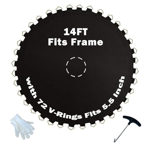 Trampoline Mat, Fits 14 FT Frame, with 72 V-Rings Fits 5.5 inch, Replacement Jumping Mat, Reinforce, UV-Resistant, with Spring Hook and Gloves, Not Include Spring