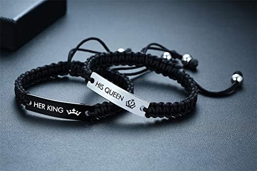 XUANPAI Handmade Braided Matching Couple Bracelets His Queen Her King Bracelet Loving Gifts Valentine's Day Birthday Anniversary Adjustable Bangles Unisex (Black/Silver, KingQueen)
