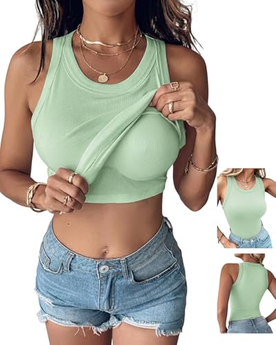 Image of CHICME Women Built-in Bra Tank Tops Sleeveless Casual Shirts Racerback Ribbed Fitted Tank Tops