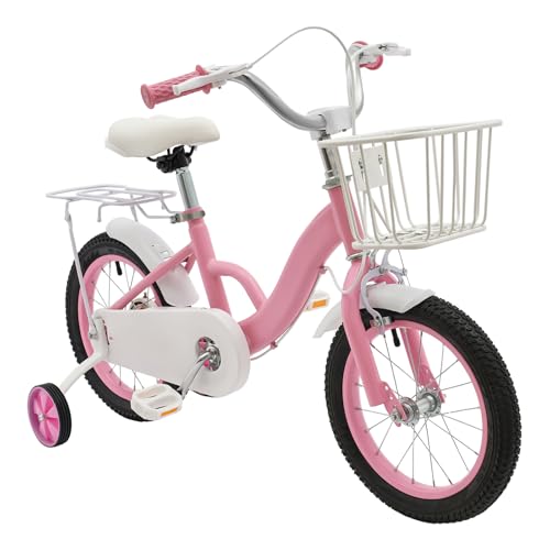 Coniaio Vélo pour enfant de 3 à 7 ans, 14 pouces avec roues stabilisatrices et panier, vélo réglable en hauteur pour enfants à partir de 4 ans, pour garçons et filles, rose