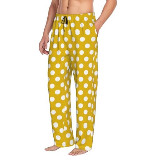 Mens Pajama Pants - Golden Yellow Polka Dot Print Soft Sleep Lounge Pants For Men, Casual Pj Bottoms With Pockets