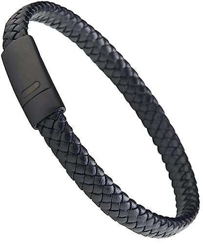 Forge & Foundry Men's Genuine Interwoven Leather Braided Bracelet with Matte Black Custom Engraved Stainless Steel Clasp | “Hanover” | Artist Collaboration Design