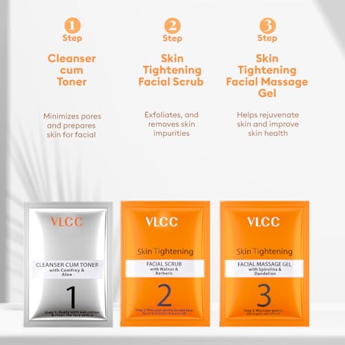 Image of VLCC Skin Tightening Facial Kit - 25g X 3 (75g) (Pack of 3) | Skin Elasticity Facial | Helps Remove Toxins and Reduces Blemishes | With Berberry, Wheatgerm, Carrot Extract, and Geranium