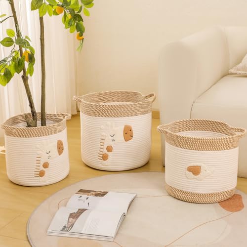 Image of Large Blanket Baskets for Living Room Decor, Toy Storage Baskets 14 inch x 14 inch Woven Cotton Rope Basket for Kids, Dog Toys Organizer Clothes Hamper with Embroidery Decor for Nursery Laundry, Giraffe