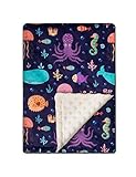 Soft Plush Minky Blanket for Boys & Girls - Double Layer with Dotted Backing, Toddler to Newborn, Shower Gifts (Navy Whale, 30 X 40 inches)