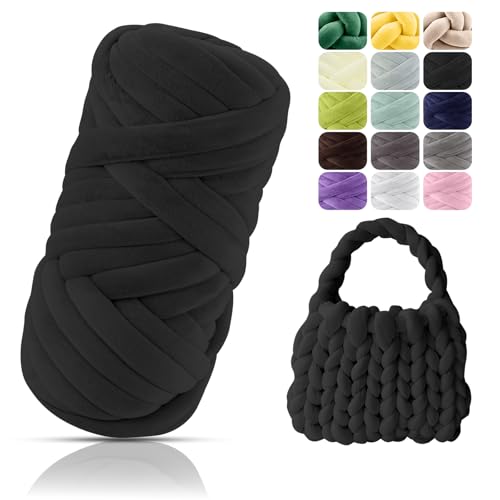 POFIBO Ovillo de Lana Gruesa, 500g XXL Chunky Yarn DIY Gorda para Tejer a Mano, Hilo Tubular Grueso Hilo para Tejer a Crochet, Principiantes, Manta, Bolso, Nido de Animales, Almohada, 16m, Negro