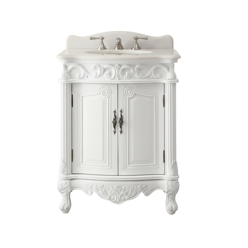 Hayman 27" Antique Style Single Sink Bathroom Vanity, Antique White Finish, Fully Assembled Cabinet with White Countertop and Undermount Ceramic Sink,