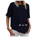 Tee Shirt Femme Patchwork Ete Coton Manche Courte Tee-Shirt Col Rond Respirant Chat Boyfrien Chemisier Fille Kawaii Randonnée Assymetrique Marine