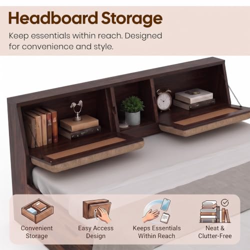 Image of Ganpati Arts Solid Sheesham Wood Mayor King Size Bed with Hydraulic Storage & Headboard Storage | Wooden Double Bed Cot Palang Furniture for Bedroom, Home & Hotel (Walnut Finish)