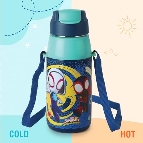 Image of CELLO Kidzbee Era 400 Insulated Kids Water Bottle 400 ml, Navy Blue | 3D Touch & Feel Web Warriors Design One Hand Grip Lightweight Leakproof Easy Sip Flip Cap Insulated Water Bottle for School Kids