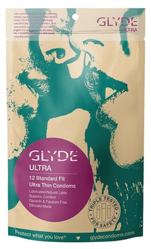 GLYDE Ultra - Standard Fit Condoms - 12 Count - Ultra-Thin, Vegan Medium Size Natural Rubber Latex, 53mm for Silky Fit