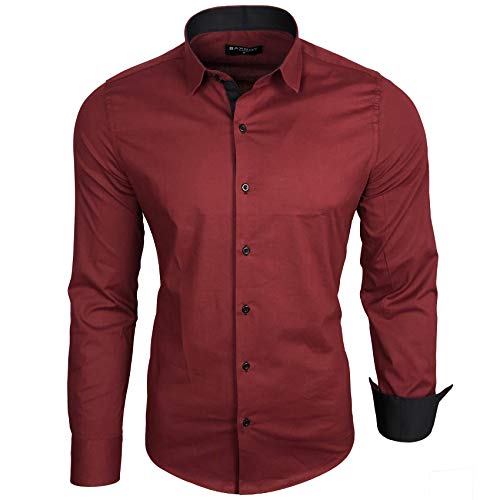Baxboy B-500 - Camisa de manga larga para hombre, para negocios, tiempo libre, bodas, plancha, ajustada burdeos M
