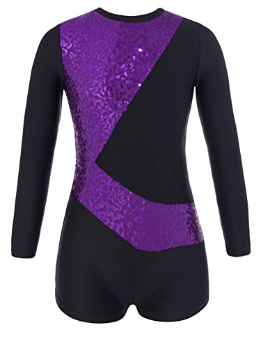 Alvivi Kinder Jungen Mädchen Ballettanzug Langarm Ballettbody Overall mit Pailletten Einteiler Gymnastikanzug Turnanzug Leotard Tops Aa Lila 158-164