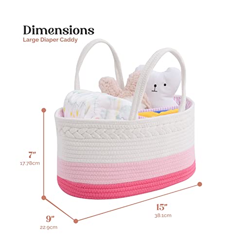 Image of luxury little Diaper Caddy Organizer, Large Cotton Rope Nursery Baby Basket, Changing Table Organizer for Baby Diaper Storage, Portable Car Organizer Removable Divider (Pink, Large)