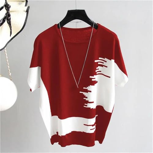 Women’S Ribbed Knit Sweater O-Neck Short Sleeve Thin Summer Patchwork Casual Pullover4