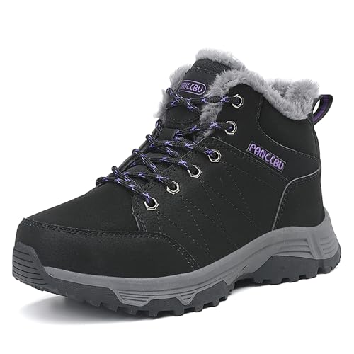 Veslexth Womens Casual Winter Hiking Ankle Boots Outdoor Snow Waterproof Lightweight Lace up Fur Lined Walking Shoes