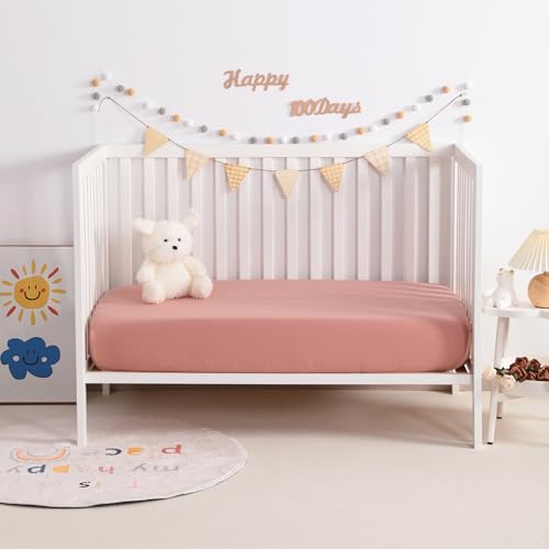 Image of NTBAY 2 Pack Muslin Cotton Mini Crib Sheets, Soft and Breathable Double Layer 24x38 Baby Crib Sheets for Mini Crib and Toddler Mattresses, Boys, Girls, Unisex, Blush Pink, 24x38 Inches