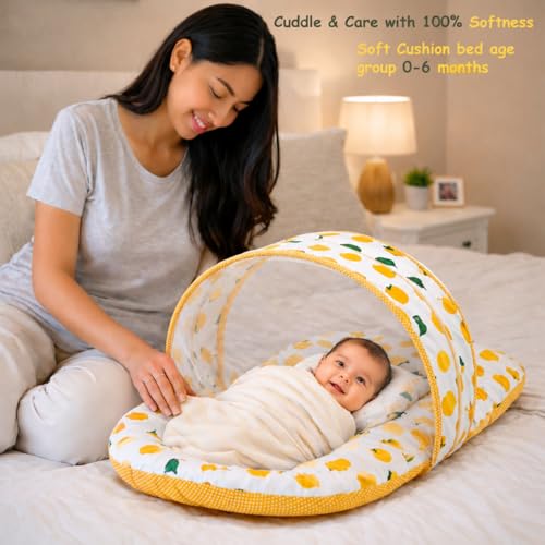 Image of Infantbond Designer Mattress with Net | Baby Sleeping Bag | Carry Bed (0-6 Months) (Lemon Yellow)