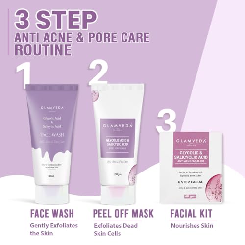 Image of Glamveda 1% ww Glycolic Acid & 1% ww Salicylic Acid Anti-Acne Kit | Reduces Dark Spot & Body Acne | Face Wash + Peel Off Mask + Facial Kit | Skincare Routine for Women & Men