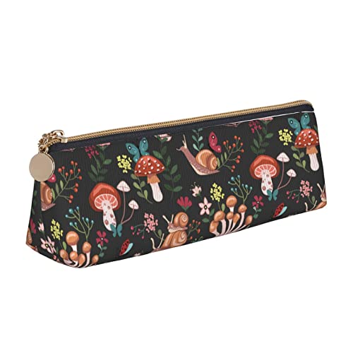Image of Mushroom Snails Butterfly Flower Pattern Leather Pencil Case Zipper Pen Makeup Cosmetic Holder Pouch Stationery Bag for School, Work, Office