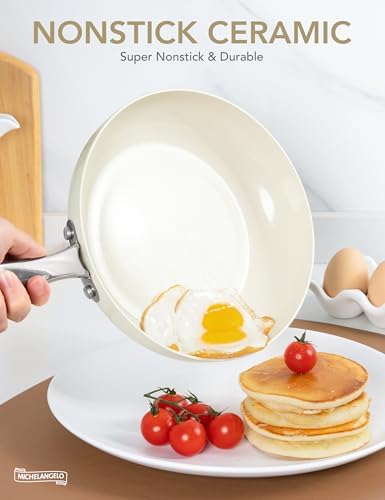 MICHELANGELO 10 Inch Frying Pan with Lid, Nonstick Fry Pan with Ceramic Coated, Induction Compatible Skillet, PFAS & PFOA-Free, White - Thumbnail 4