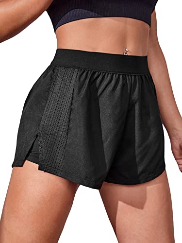 Makemechic Women's Athletic Shorts With Liner High Waisted Stretch Workout Running Shorts Black B S #TOP9