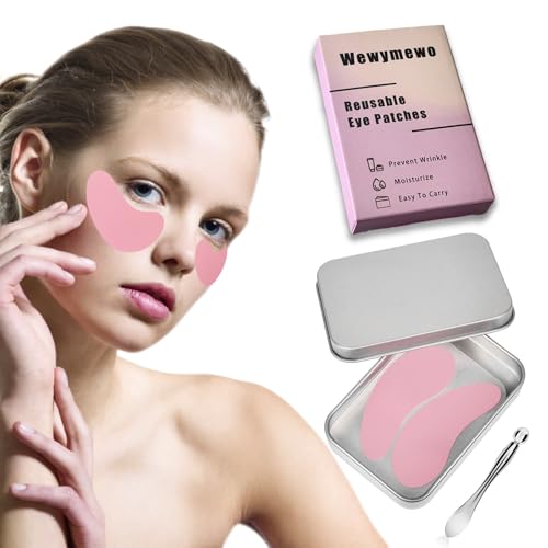 Reusable Under Eye Patches, Pink Silicone Eye Mask for Dark Circles, Wrinkles, Fine Lines, Undereye Bags, with Metal Eye Cream Applicator to Reduce Eye Puffiness, Make Smooth Under Eyes, Tin Case