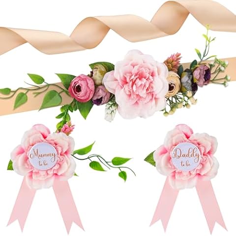 JieyueJewelry Boho Maternity Sash Mummy to Be & Daddy to Be Corsage Pin Set Green Belly Band for Baby Shower Girl Boy Maternity Photography Gifts Pregnancy Gender Reveal Souvenir Supplies, Pink Cover