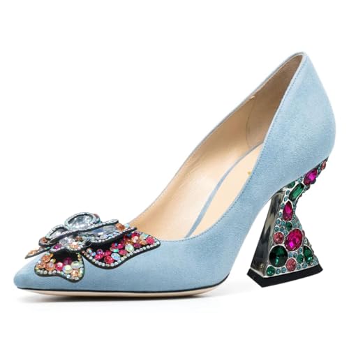 YDN Women Butterfly Pumps Colorful Crystal High Heels Studded Slip On Closed Pointed Toe Dress Shoe Wedding Party Size 4-16 US2