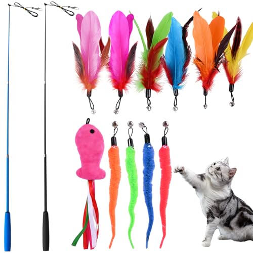 DUBUOZA Katzenangel 13 Stück,Katzen Spielzeug Ersatzfedern mit 2 STK Versenkbare,GlockenKatzenspielzeug und 11 STK Feder/Bug/Fisch Ersatz mit...