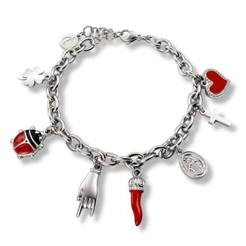 Bracelet Fortuna femme en acier avec trèfle coccinelle et gris-gris