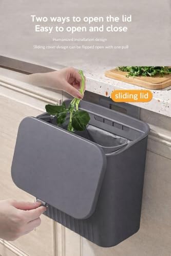 Image of JD FRESH 7 Liters Plastic Hanging Kitchen Trash Can with Lid /Double Side Open Lid Design with Kitchen Cabinet Door Hanging Wall Garbage Bin /Under Sink Storage Dustbin for Kitchen & Bathroom (Grey)